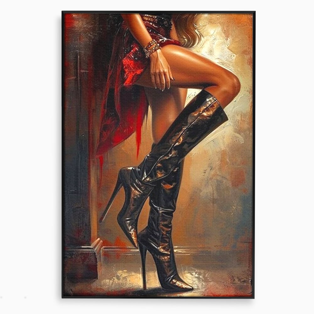Tablou canvas cu pictura cu picioare feminine in cizme, in rama de aluminiu negru